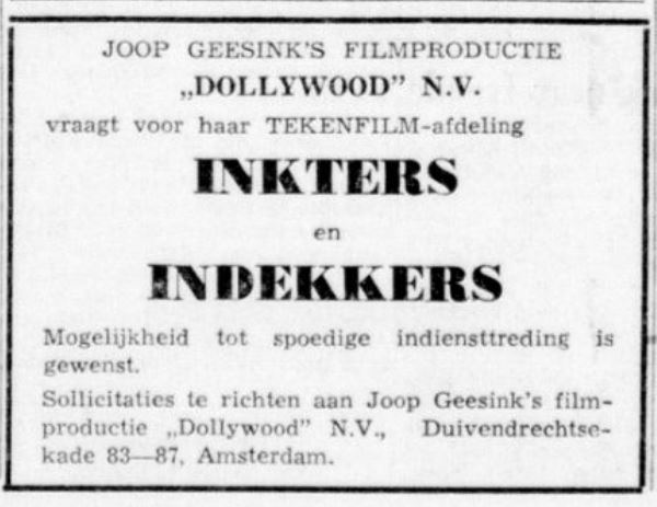 Personeelsadvertentie uit 1958 _Joop Geesink's Dollywood